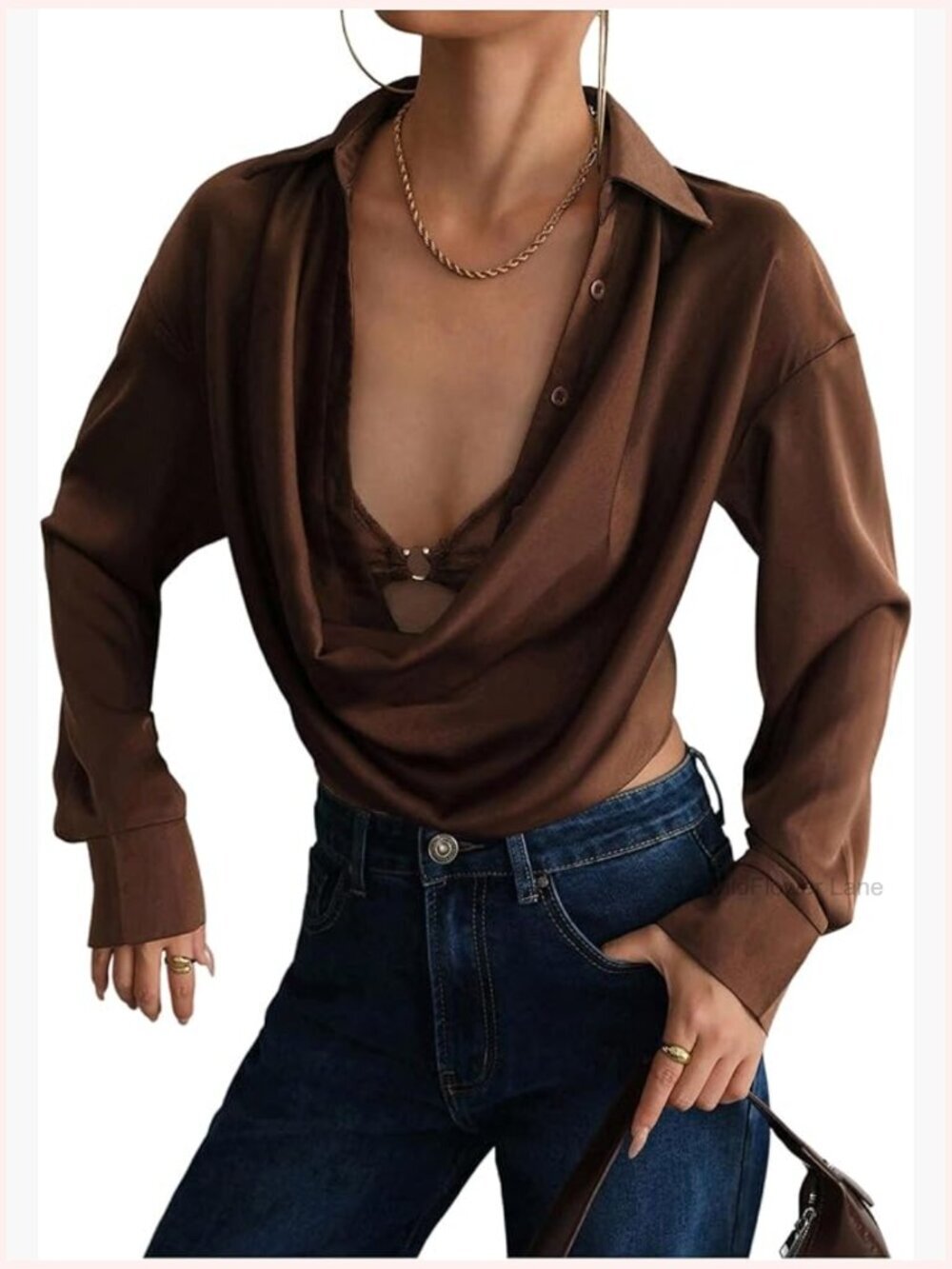 Cowl Neck Long Sleeve Crop Top Blouse Ruched Draped Sexy